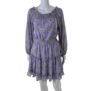 Fate. Womens Floral Print Ruched Round Neck Long Sleeve Dress Purple Size M